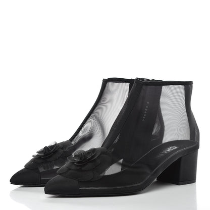 Chanel Mesh Grosgrain Camellia Short Boots 37 Black 3 of 8