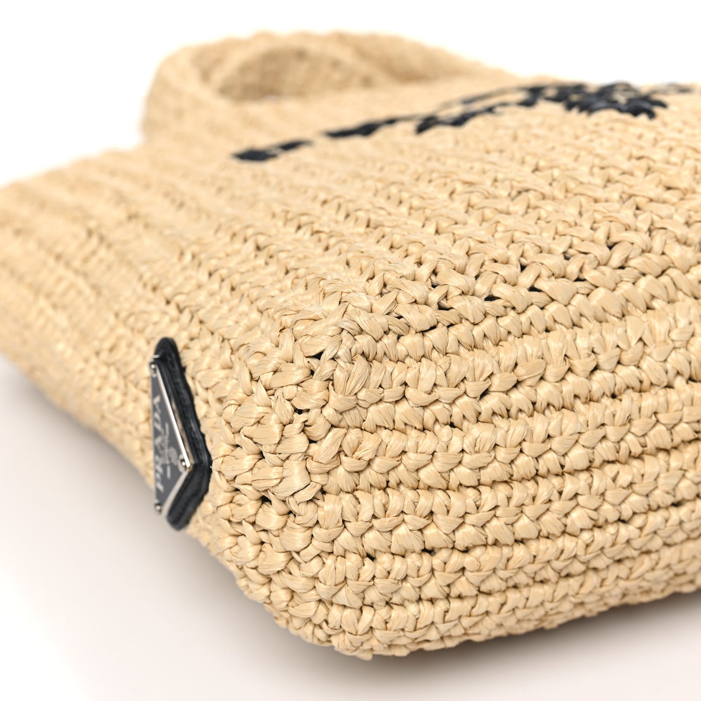 Yarn Raffia Effect Crochet Embroidered Small Logo Tote Naturale