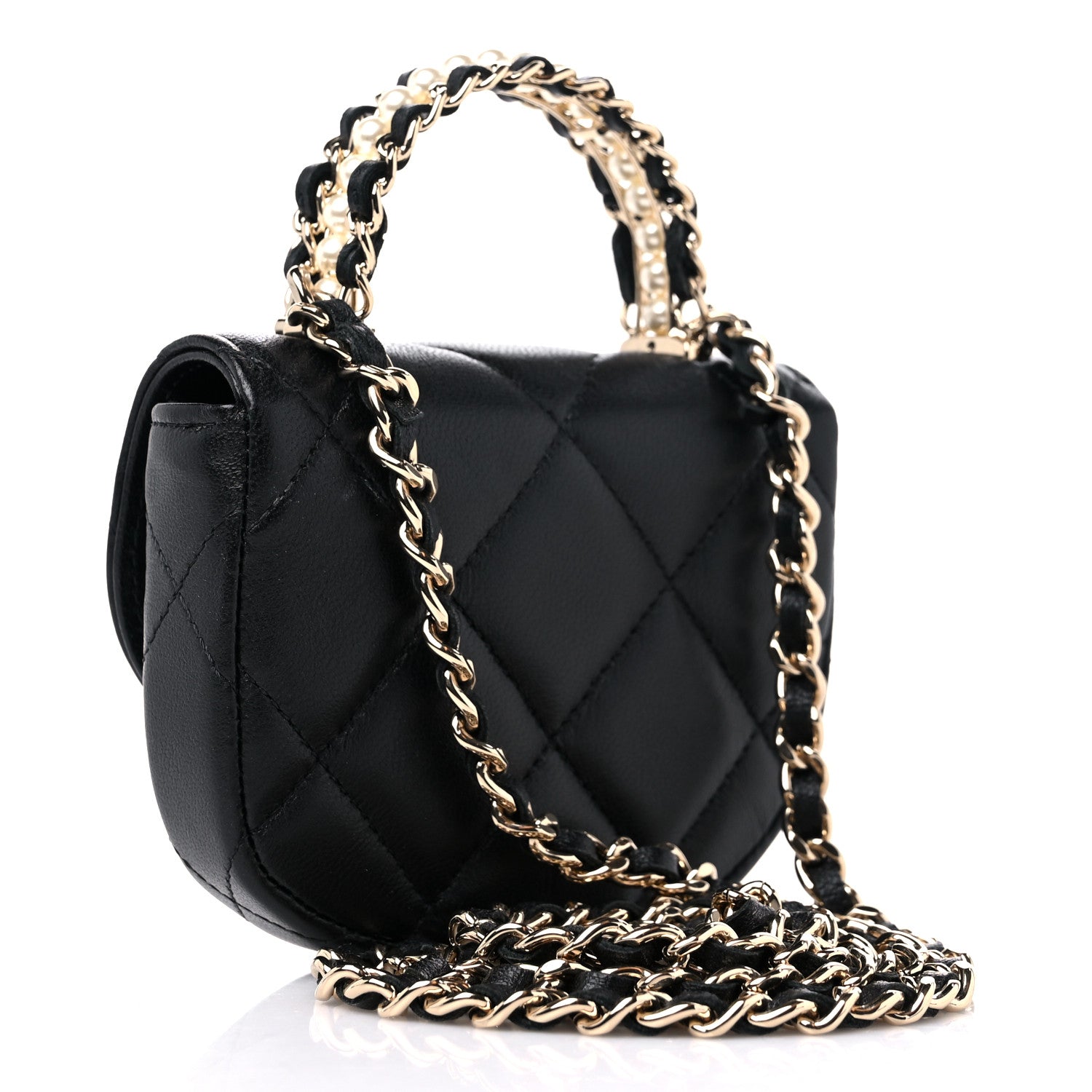 Chanel Lambskin Quilted Pearl Top Handle Clutch With Chain Black 3 of 11