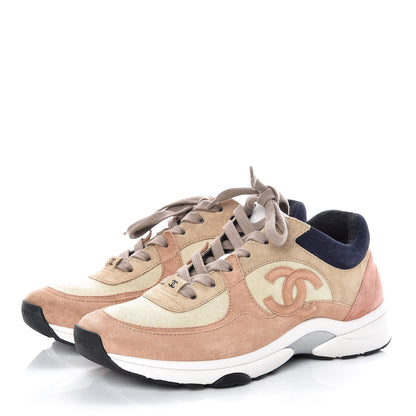 Chanel Suede Calfskin CC Sneakers 37.5 Brown Beige 3 of 9