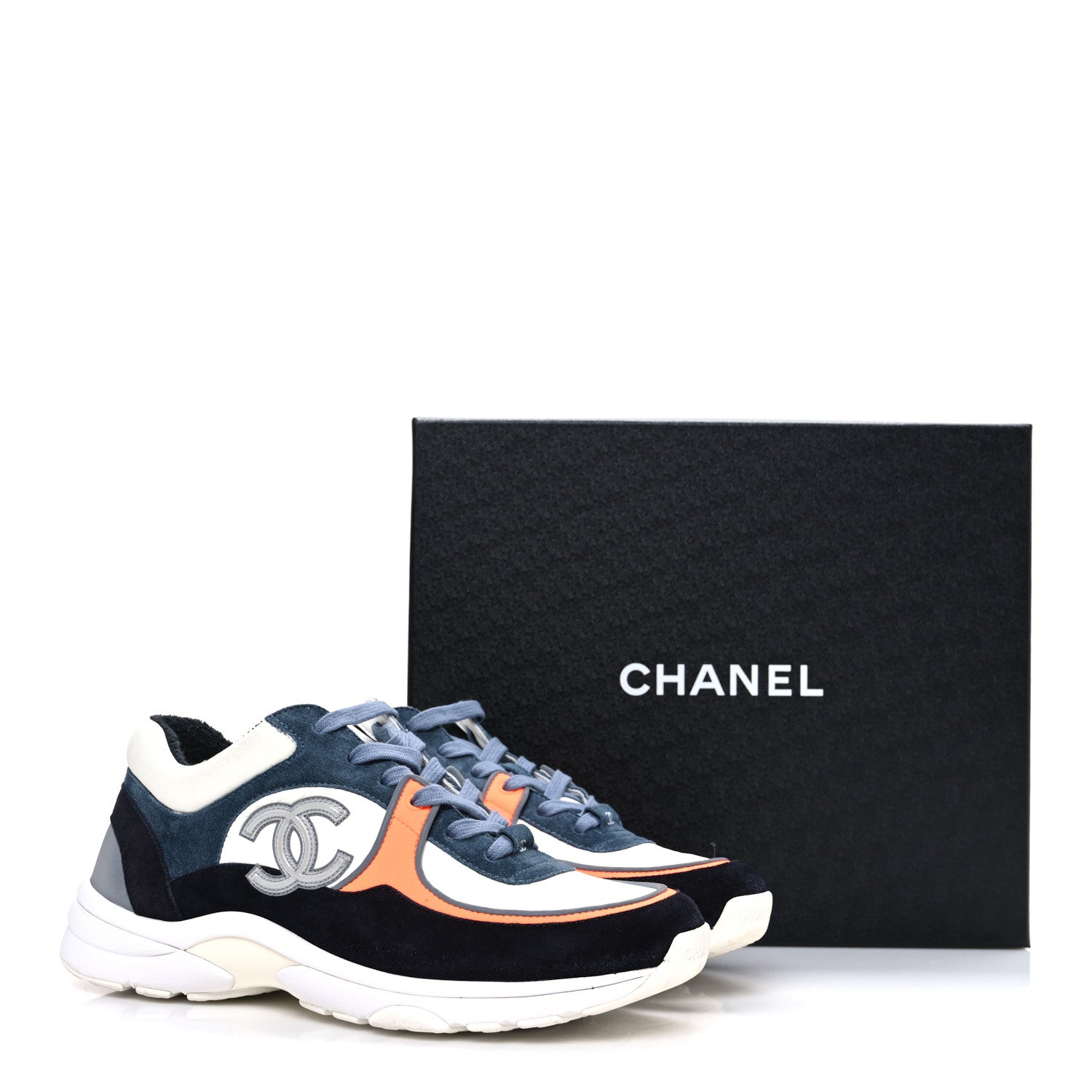 Chanel Nylon Calfskin Suede CC Womens Sneakers 40 Navy White Orange 10 of 10