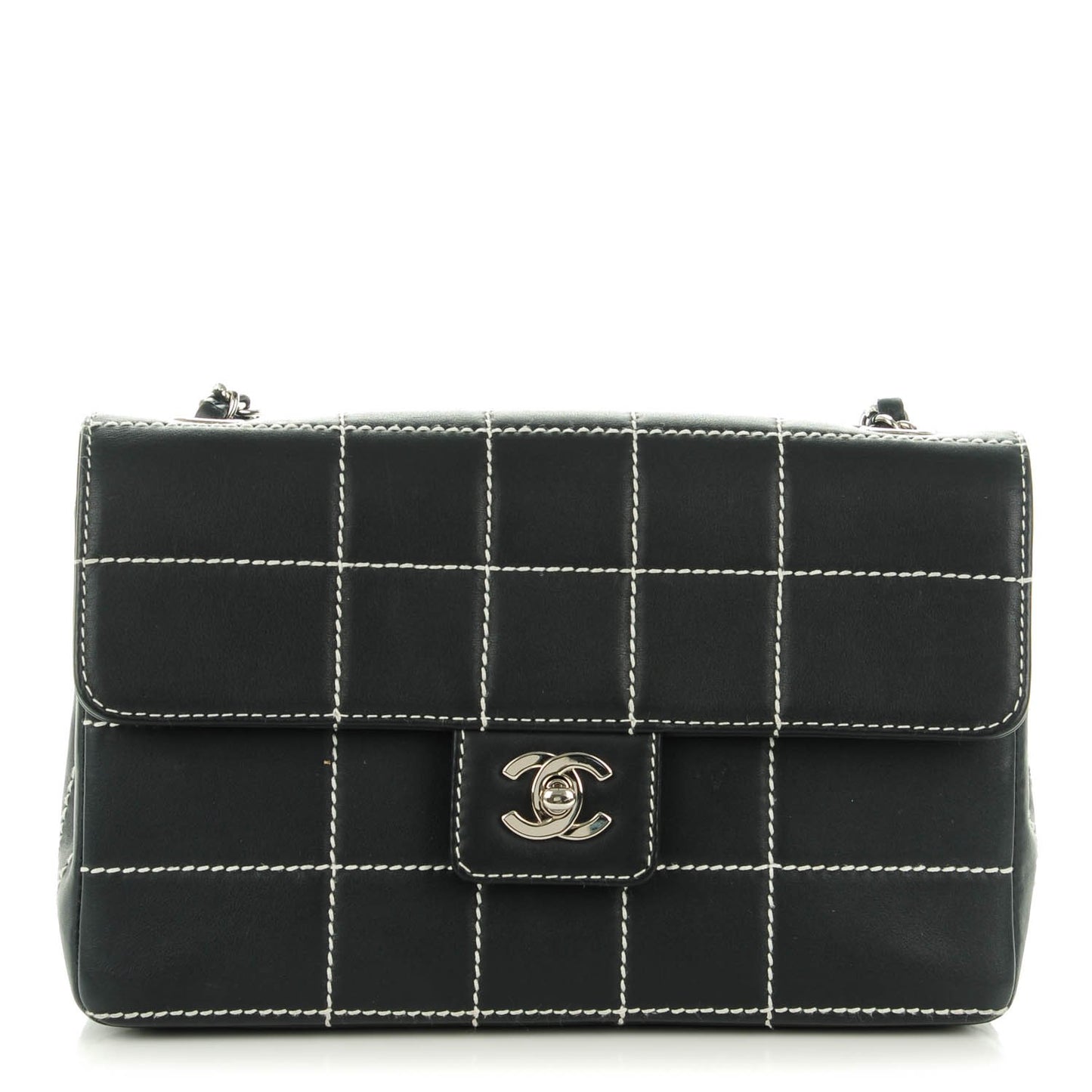 Calfskin Contrast Stitched Medium Single Flap Navy Blue
