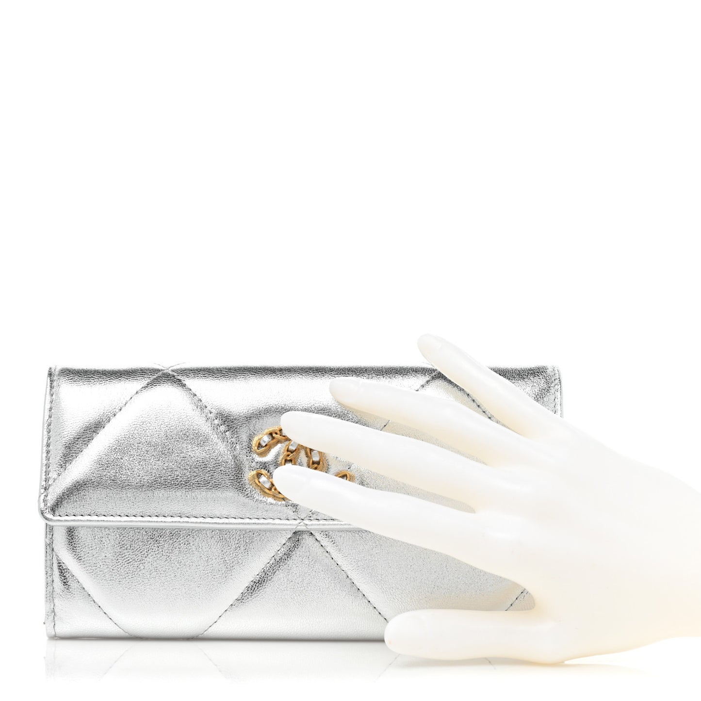 Metallic Lambskin Quilted Chanel 19 Flap Wallet Silver