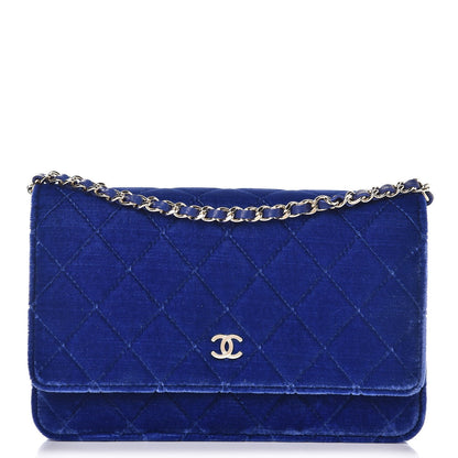 Chanel Velvet Quilted Wallet On Chain WOC Blue 1 of 9