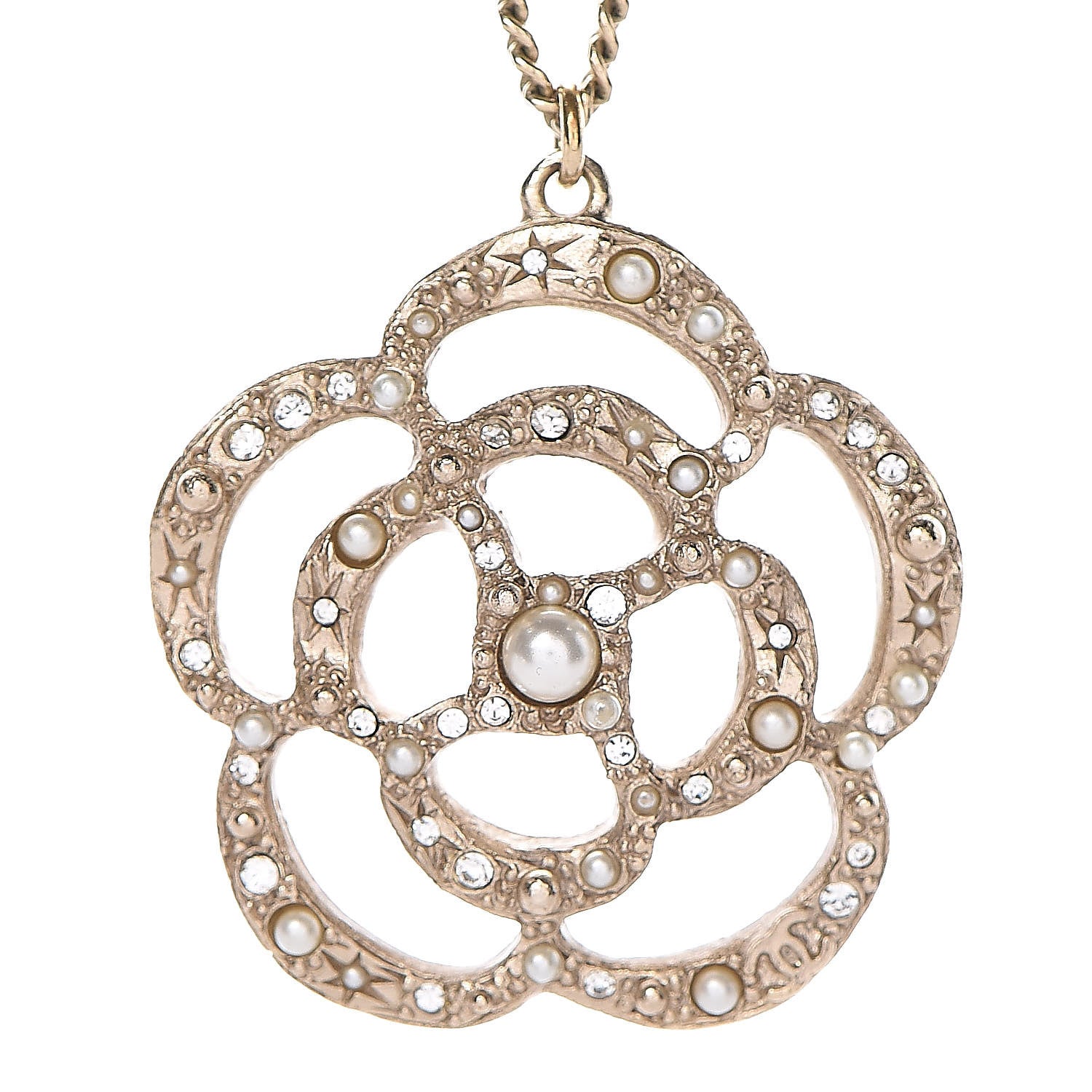 Chanel Crystal Pearl Camellia Necklace Gold 4 of 6
