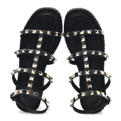 Valentino Garavani Calfskin Bedrock Rockstud Ankle Flat Sandals 36 Black 2 of 9