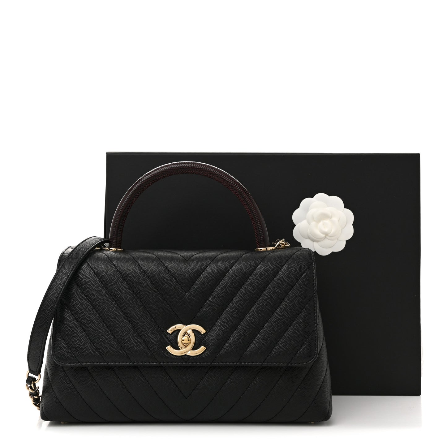 Caviar Lizard Embossed Quilted Chevron Small Coco Handle Flap Black