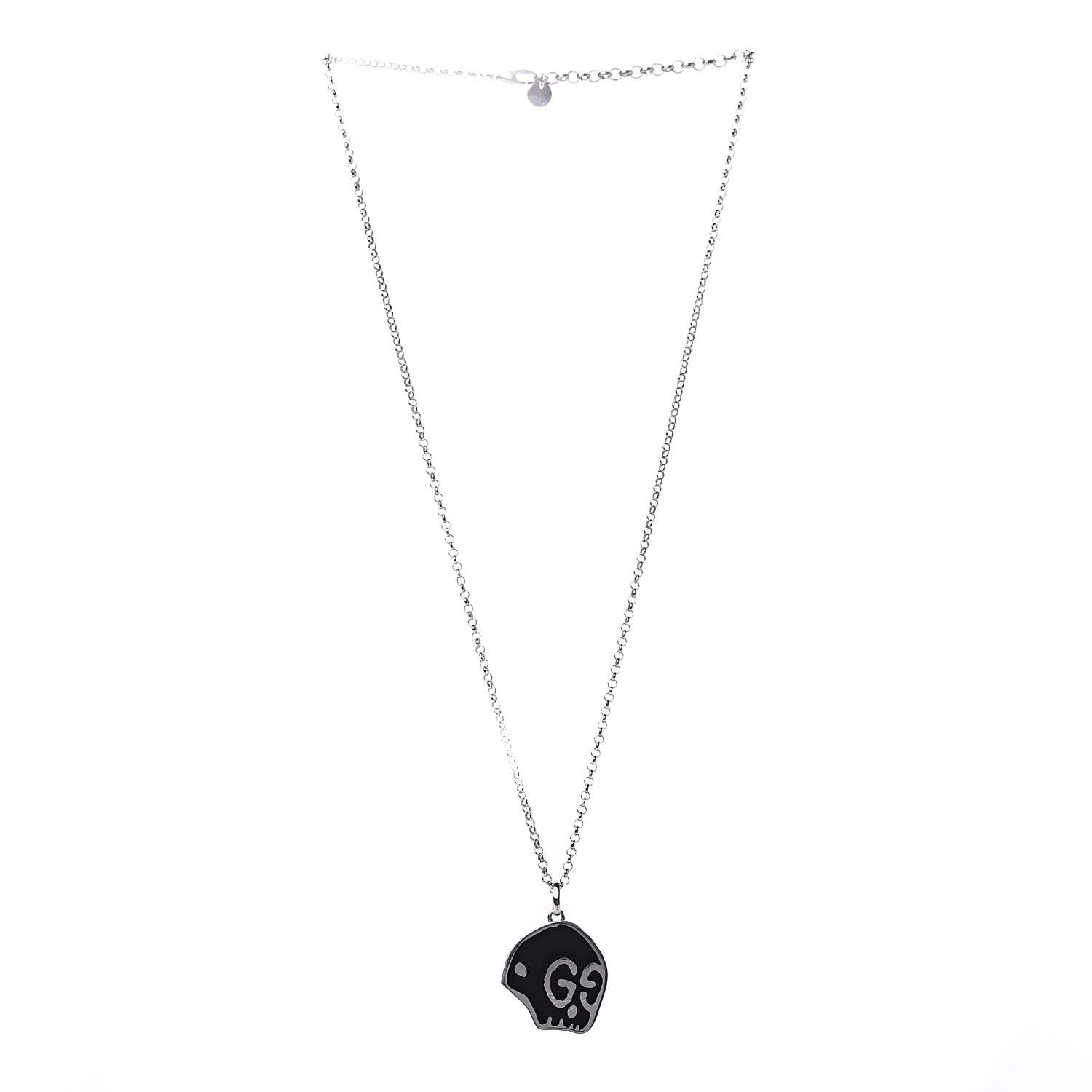 Gucci Sterling Silver Enamel GucciGhost Hamlet Skull Pendant Necklace Black 3 of 8