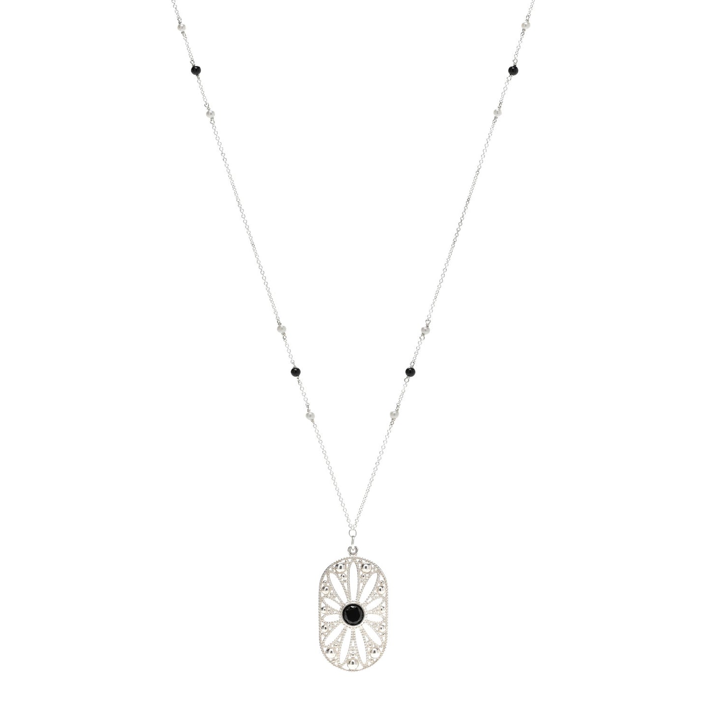 Sterling Silver Black Onyx Pearl Ziegfeld Daisy Pendant Necklace