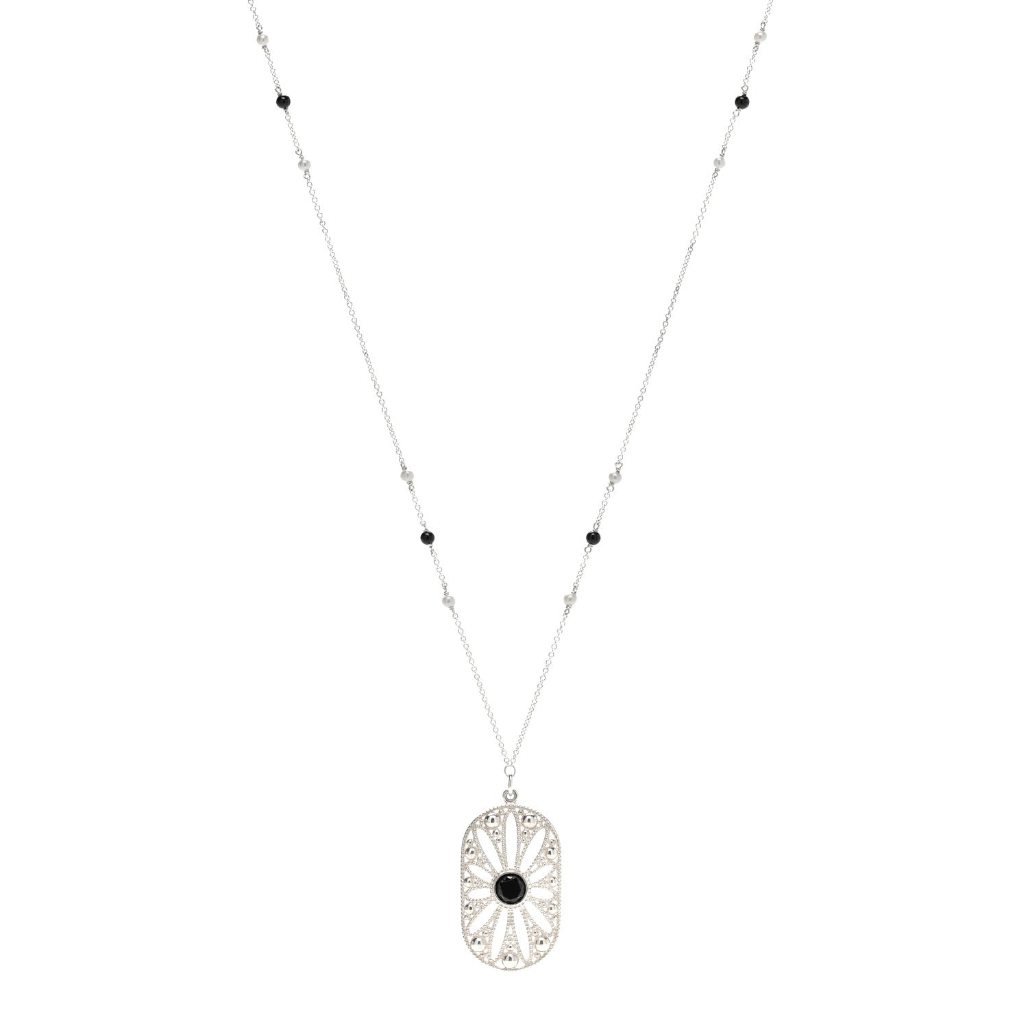 Tiffany Sterling Silver Black Onyx Pearl Ziegfeld Daisy Pendant Necklace 1 of 5
