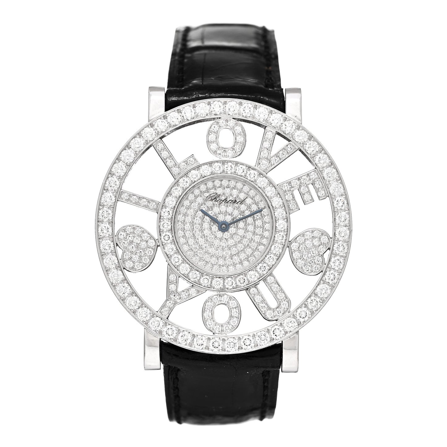 18K White Gold Alligator Diamond Pave 36mm Happy Diamonds I LOVE YOU Quartz Watch
