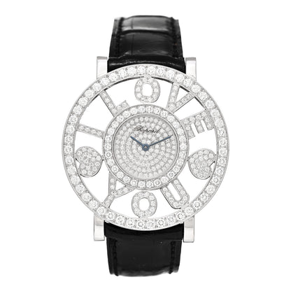 Chopard 18K White Gold Alligator Diamond Pave 36mm Happy Diamonds I LOVE YOU Quartz Watch 1 of 4