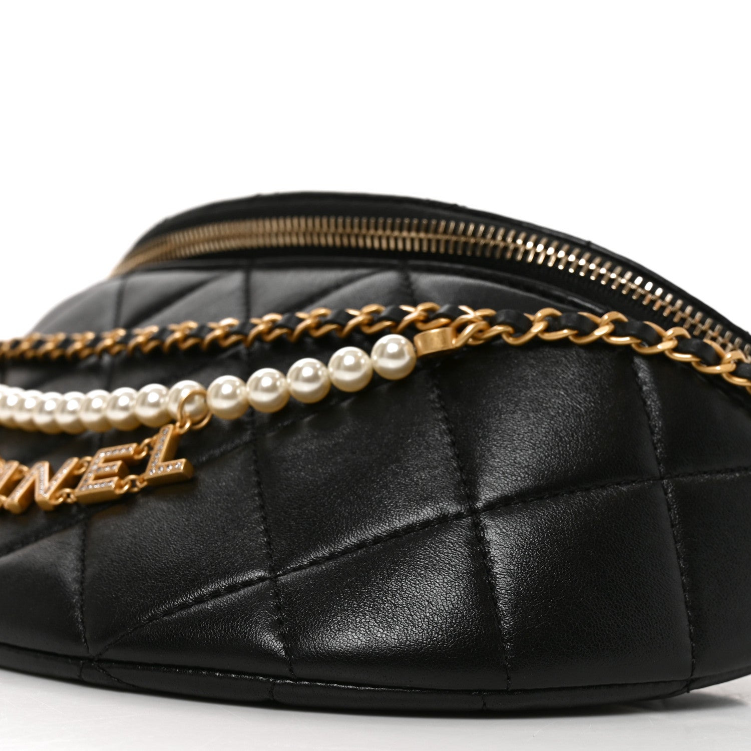 Chanel Shiny Lambskin Quilted Pearl Logo Waist Bag Black 10 of 10