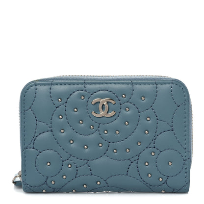 Chanel Lambskin Camellia Embossed Studded Zip Coin Purse Blue 1 of 10