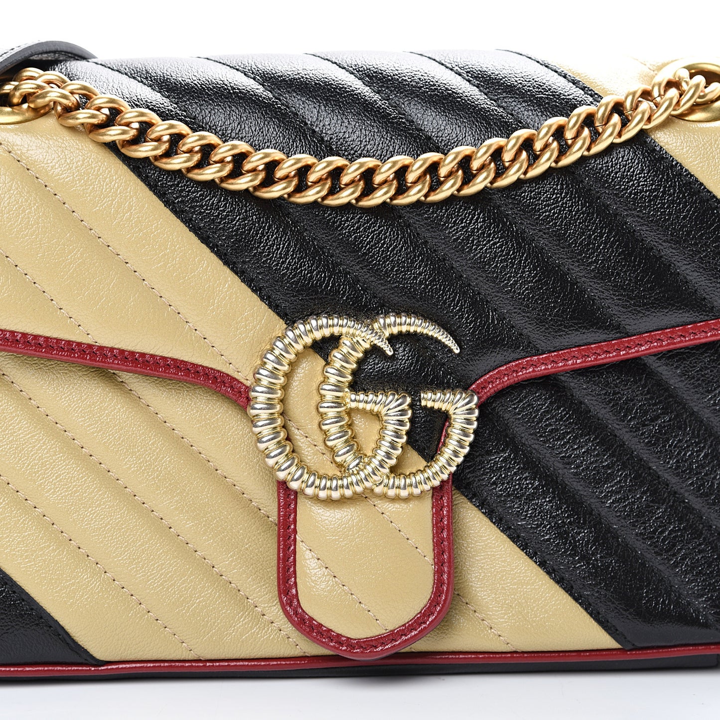 Vintage Effect Calfskin Matelasse Diagonal Striped Small Torchon GG Marmont Shoulder Bag Black Beige