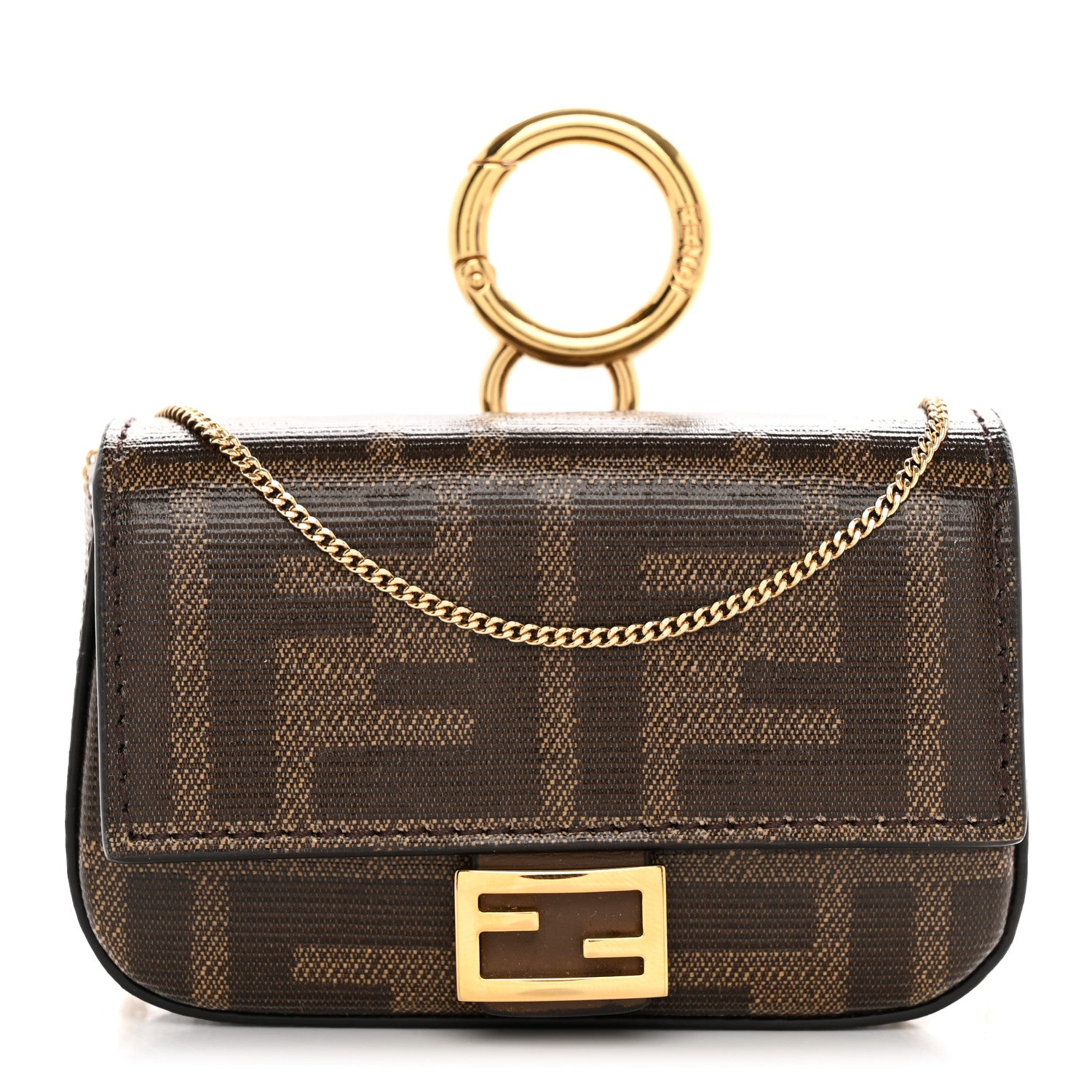 Fendi Glazed Fabric FF 1974 Nano Baguette Charm Mogano Panna 1 of 10