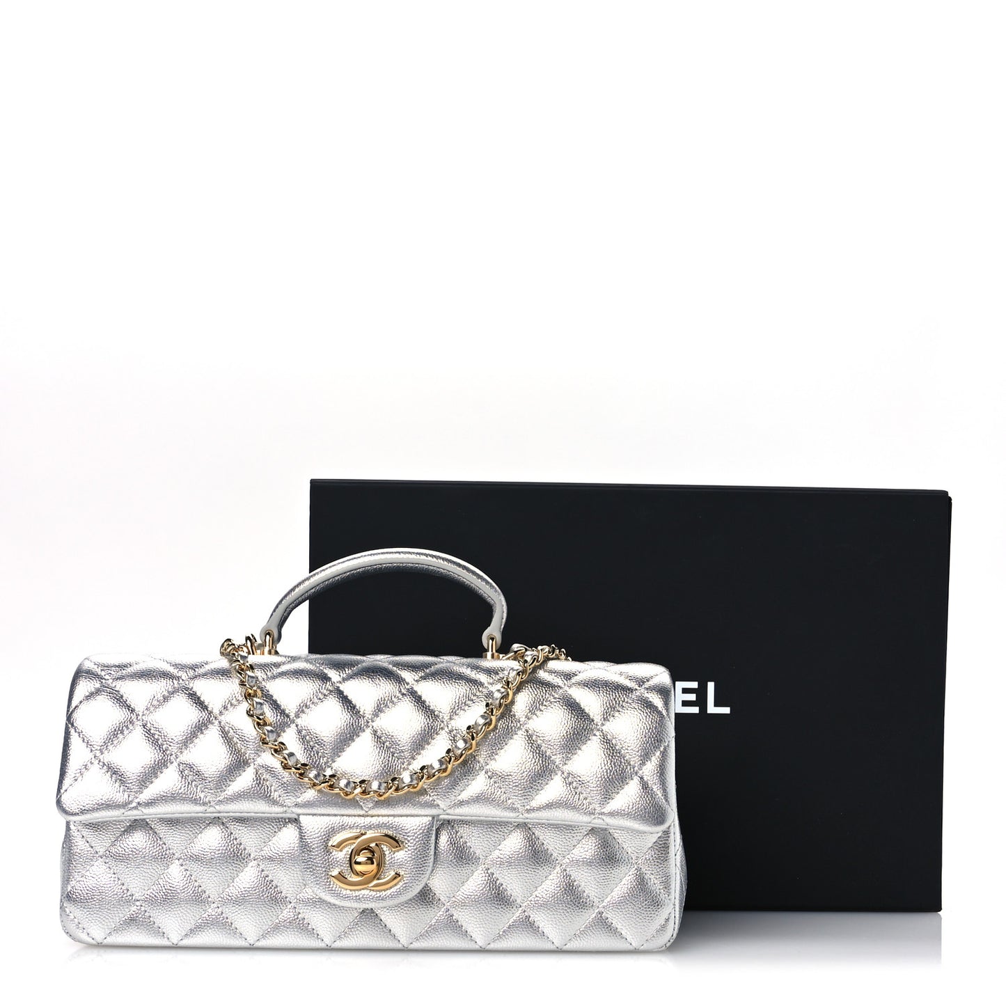 Metallic Caviar Quilted Top Handle East West Flap Silver