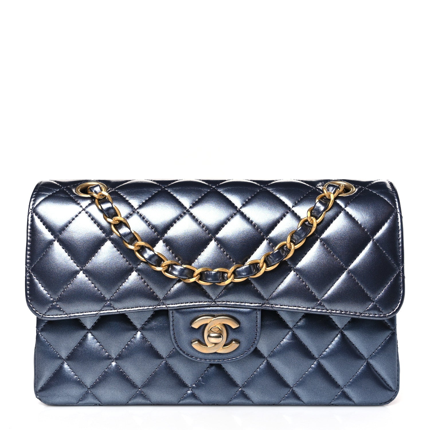 Chanel Metallic Lambskin Quilted Small Double Flap Dark Blue 1 of 9