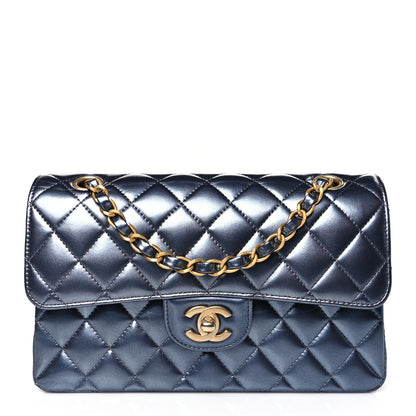 Chanel Metallic Lambskin Quilted Small Double Flap Dark Blue 1 of 9