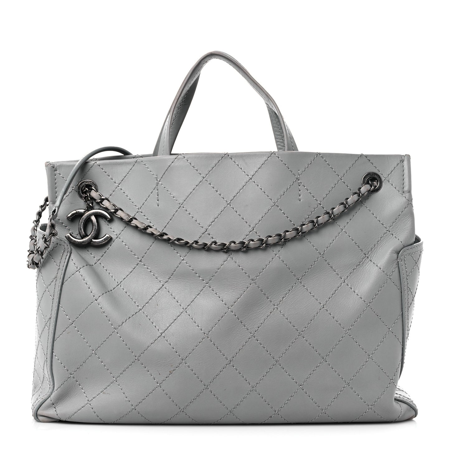 Grained Calfskin Small CC Pocket Tote Grey