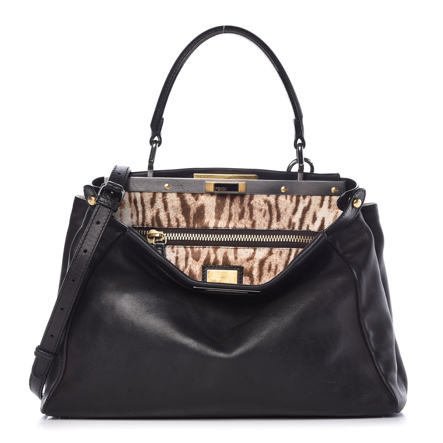 Calfskin Calf Hair Leopard Print Medium Peekaboo Iconic Satchel Black