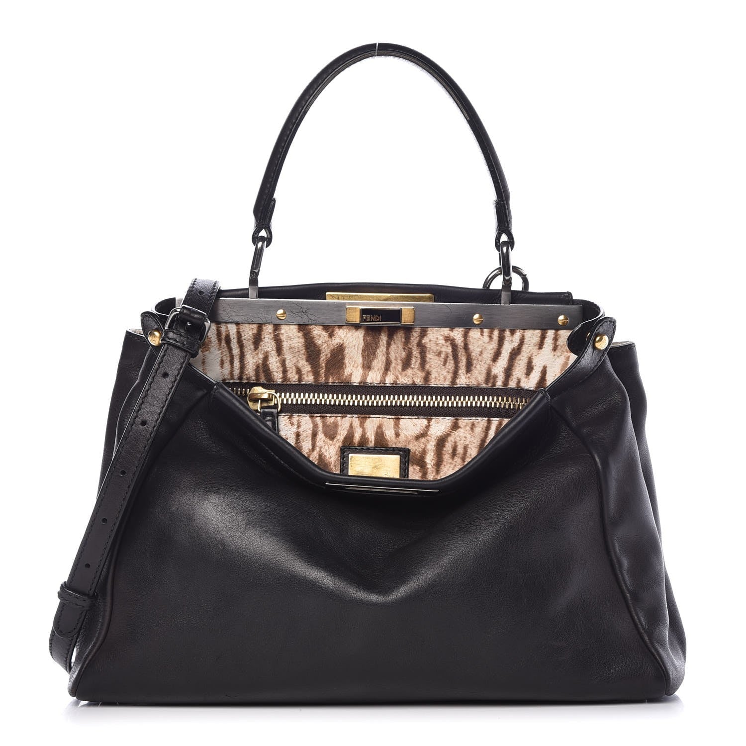 Fendi Calfskin Calf Hair Leopard Print Medium Peekaboo Iconic Satchel Black 1 of 16