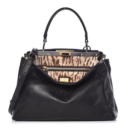 Fendi Calfskin Calf Hair Leopard Print Medium Peekaboo Iconic Satchel Black 1 of 16