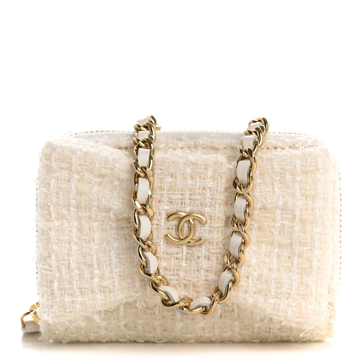 Tweed Quilted Bow Flap Card Holder On Chain White