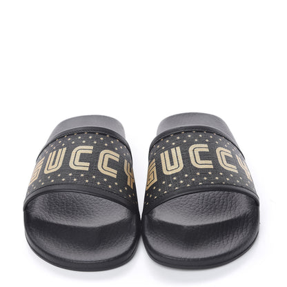 Gucci X SEGA Supreme Canvas GUCCY Stars Womens Slide Sandals 37 Black Gold 5 of 10