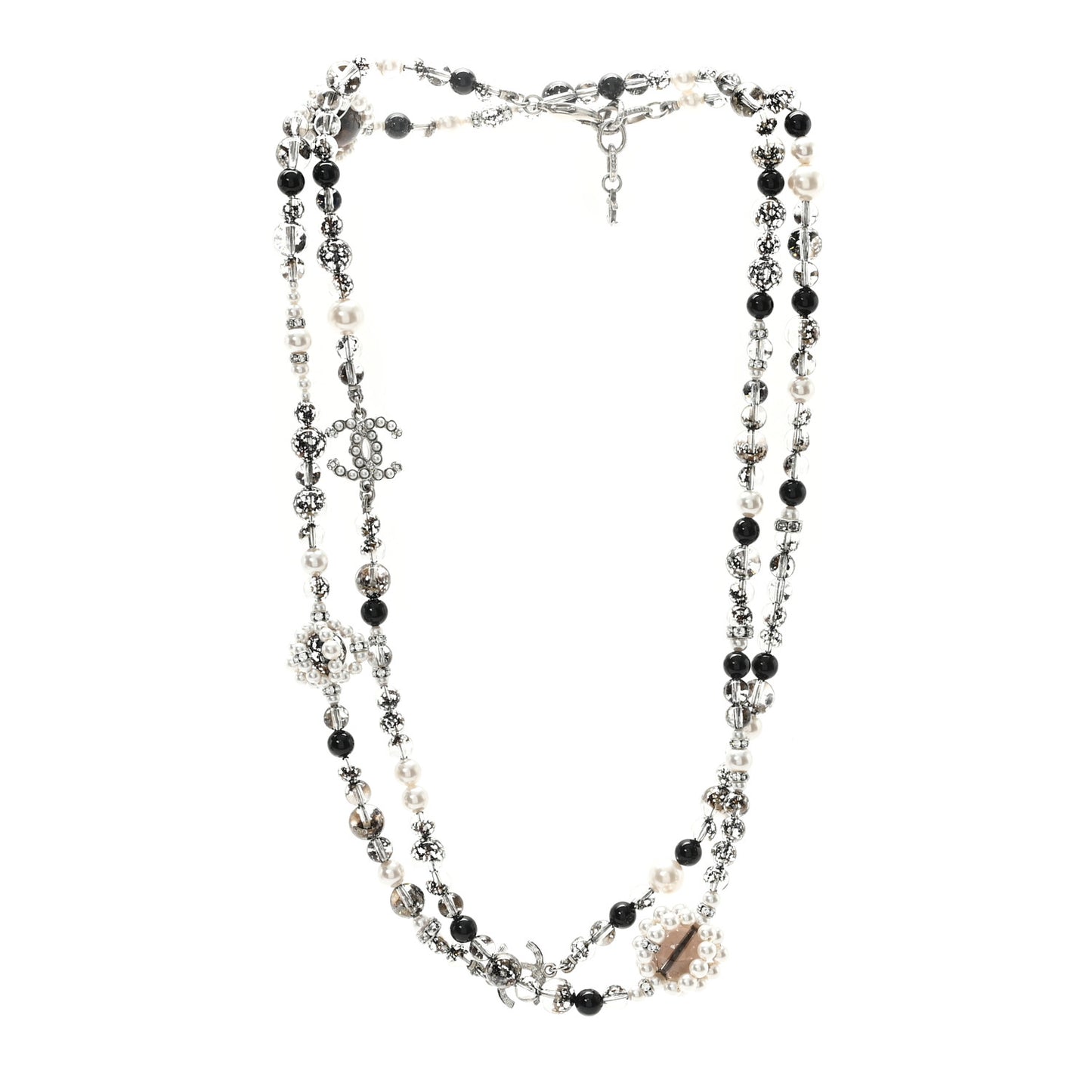 Pearl Crystal Bead CC Long Necklace Black