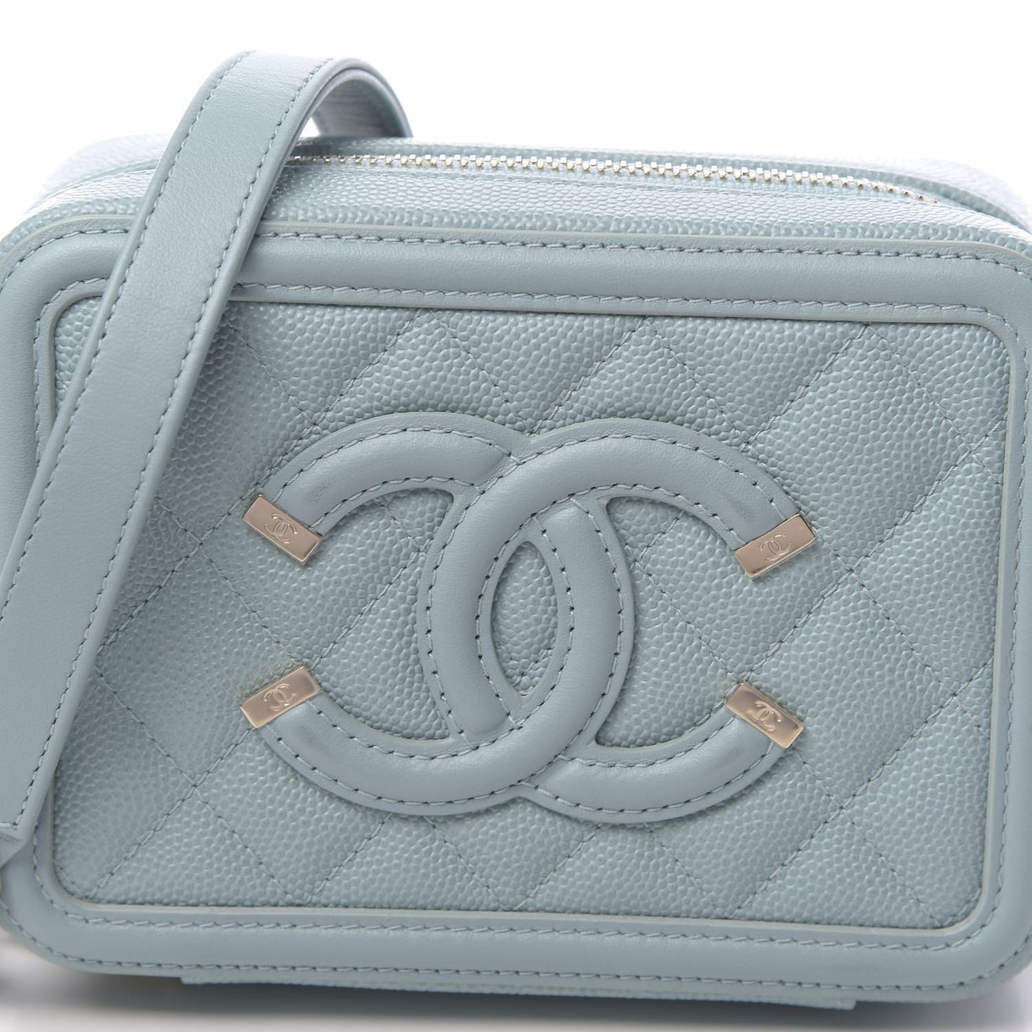 Caviar Quilted Filigree Vanity Clutch With Chain Light Blue