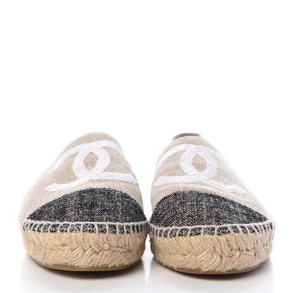 Chanel Toile Sequin CC Espadrilles 39 Beige Black 2 of 13