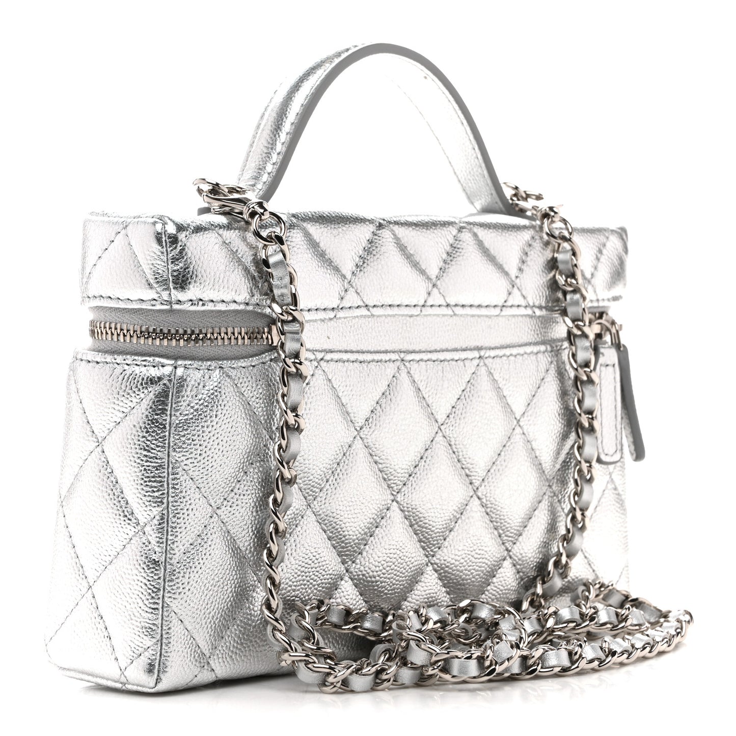 Metallic Caviar Quilted Top Handle Slim Vanity Case With Chain Silvery