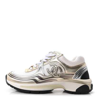 Chanel Fabric Laminated Calfskin Stretch CC Sneakers 36.5 White Gold Silver 1 of 10