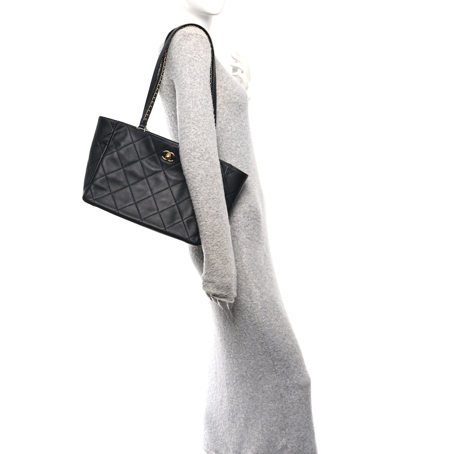 Calfskin Quilted Book Pocket Shopping Tote Black