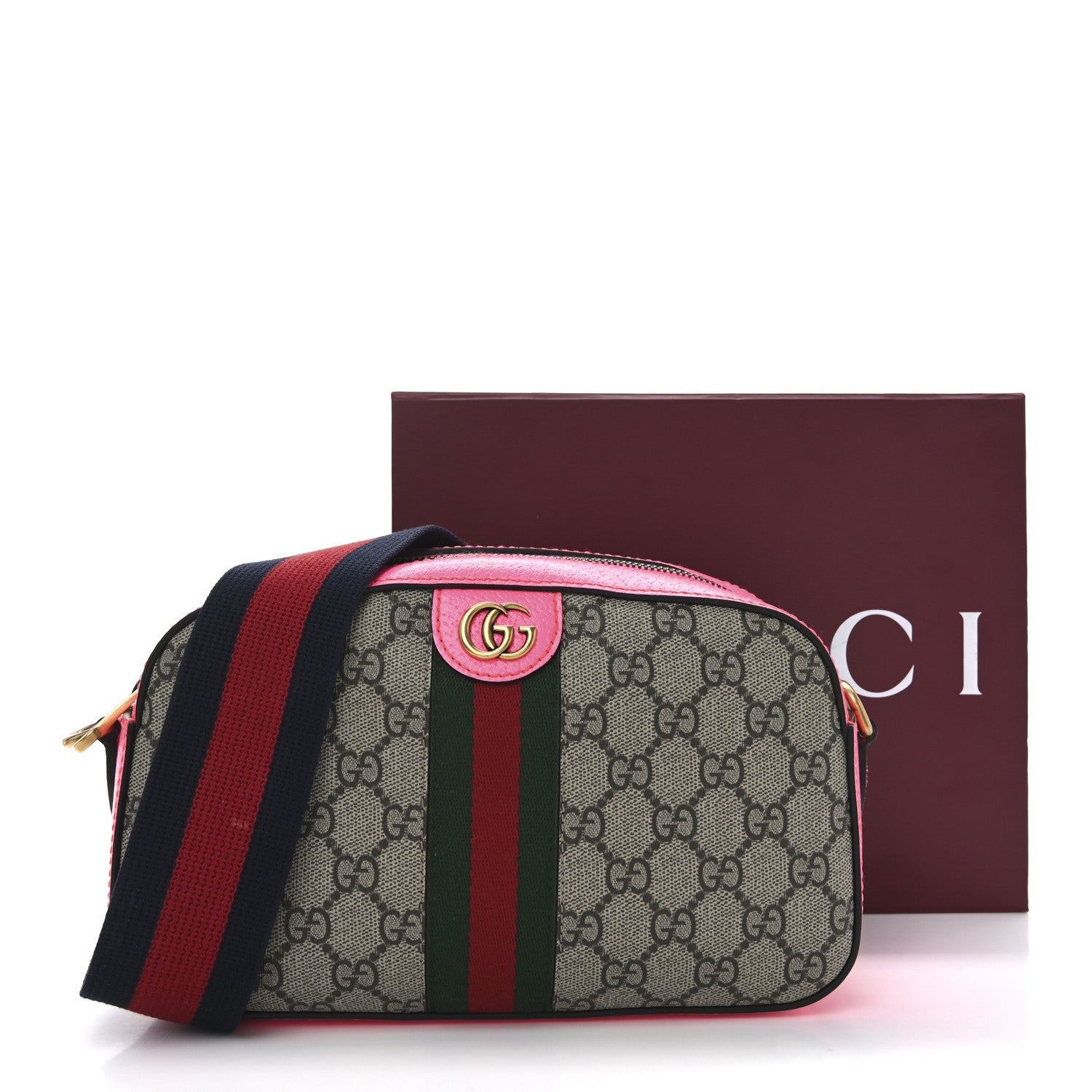 Gucci GG Supreme Monogram Textured Dollar Calfskin Web Ophidia Small Crossbody Bag Beige Ebony Fuchsia 10 of 11