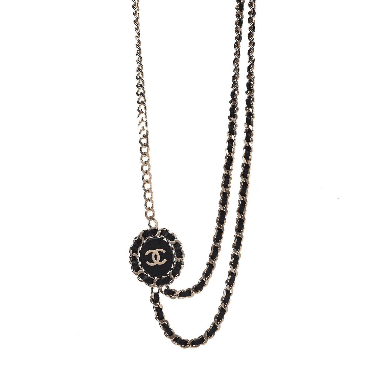 Lambskin CC Long Chain Necklace Black Gold