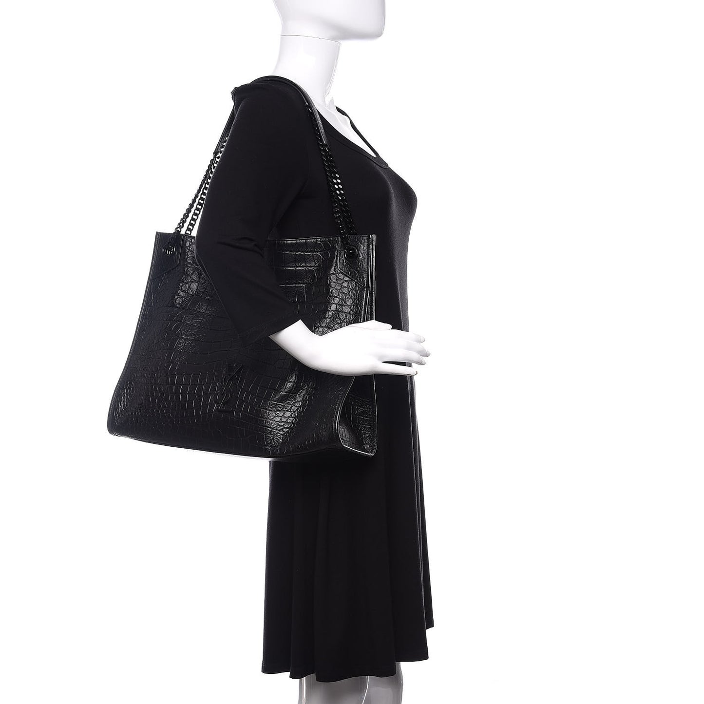 Calfskin Crocodile Embossed Monogram Large Niki Shopping Bag Black