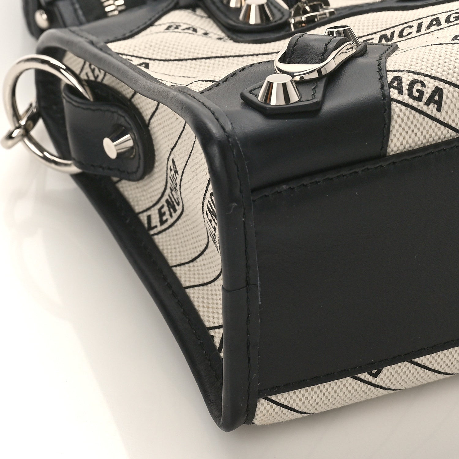 Balenciaga Canvas Satin Calfskin Diagonal Allover Logo Print Classic Silver Hardware Mini City Natural Black 7 of 8