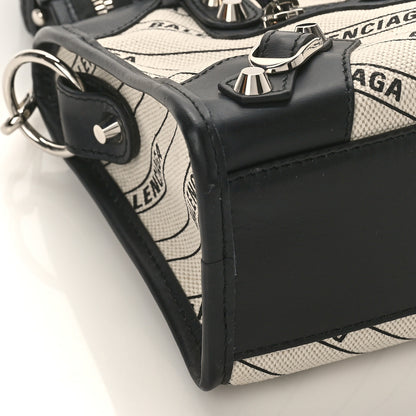 Balenciaga Canvas Satin Calfskin Diagonal Allover Logo Print Classic Silver Hardware Mini City Natural Black 7 of 8