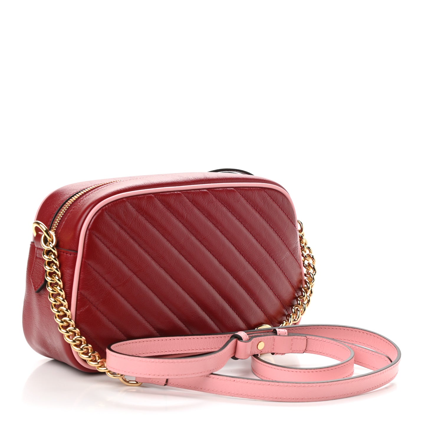Azalea Calfskin Enamel Matelasse Diagonal Small Torchon GG Marmont Chain Shoulder Bag New Cherry Red Wild Rose