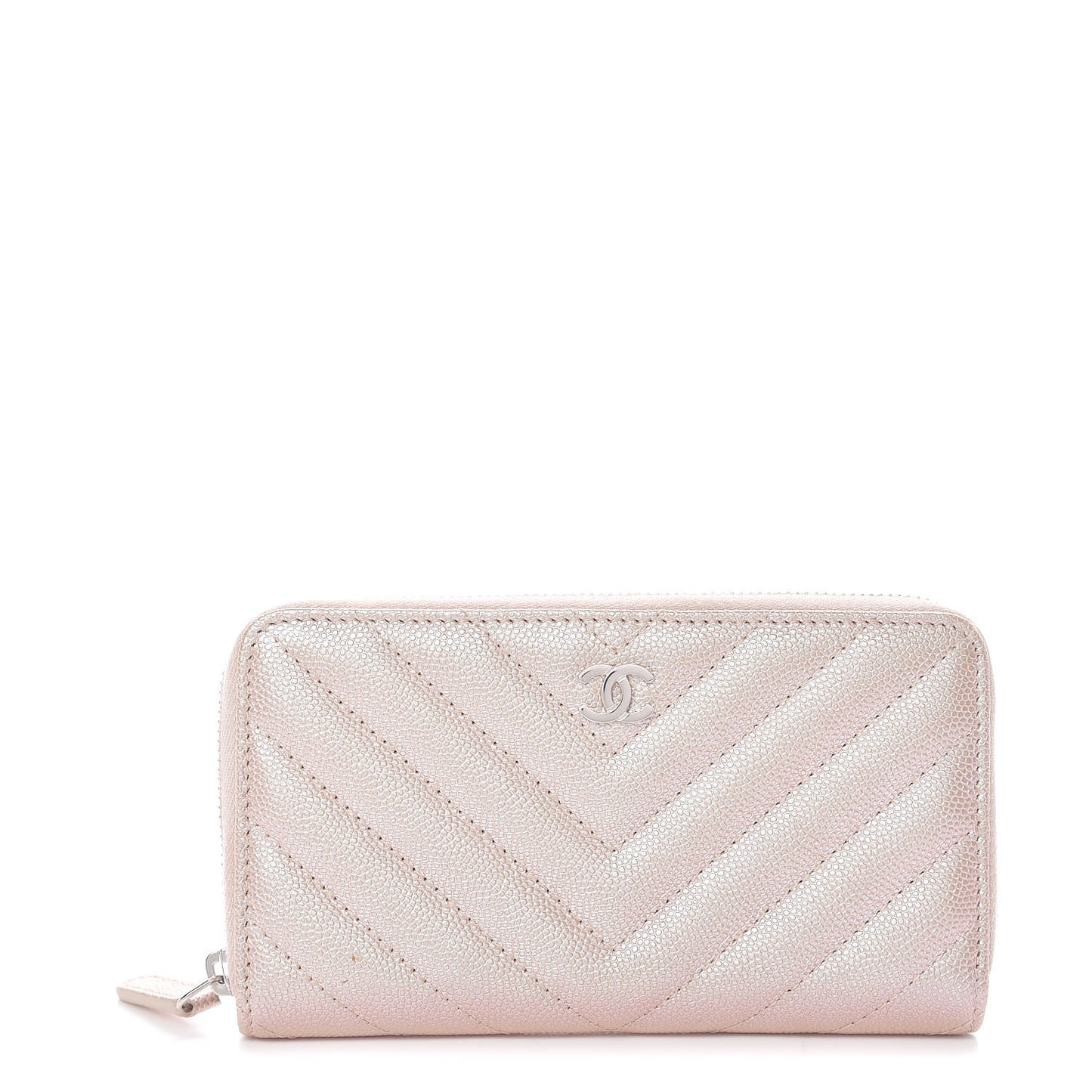 Metallic Caviar Chevron Quilted Small Zip Around Wallet Light Gold