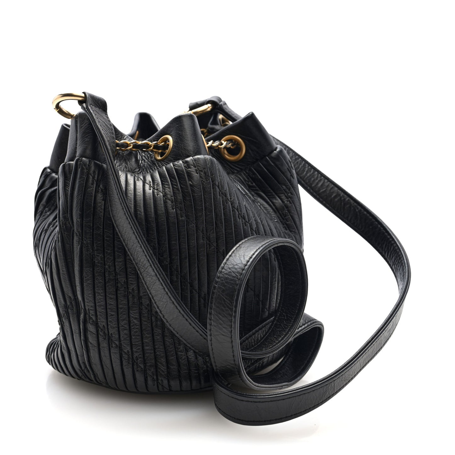 Crumpled Calfskin Coco Pleats Small Drawstring Bag Black