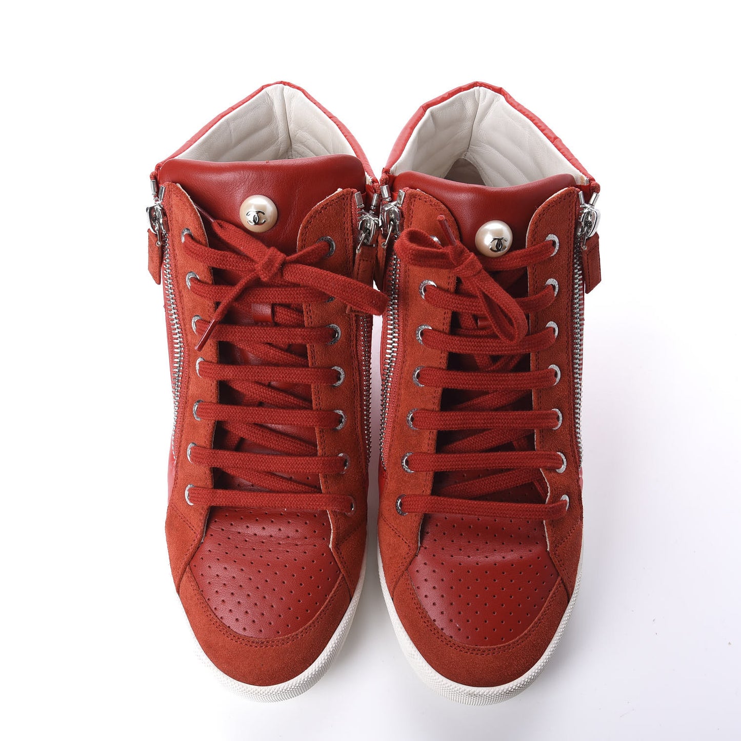 Calfskin Pearl High Top CC Sneakers 39 Red