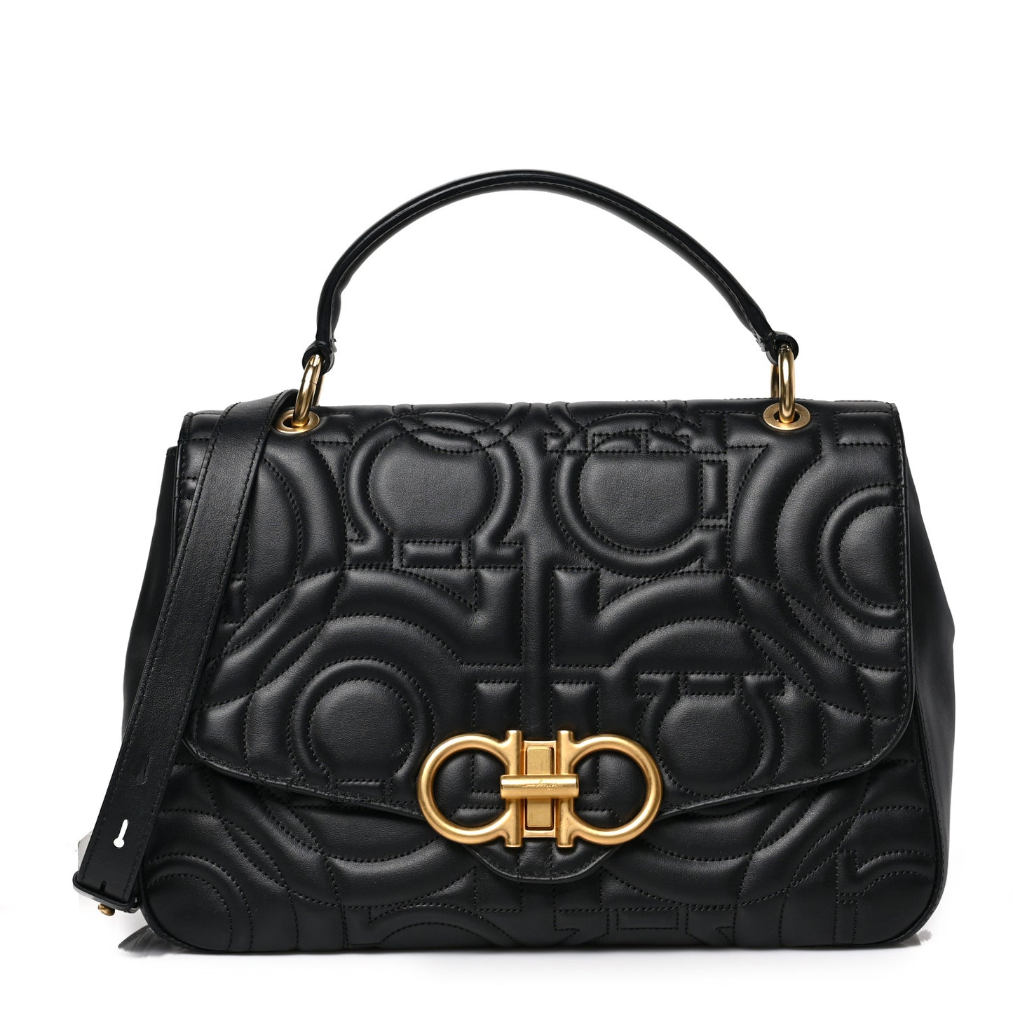 Calfskin Quilted Gancini Top Handle Flap Bag Black
