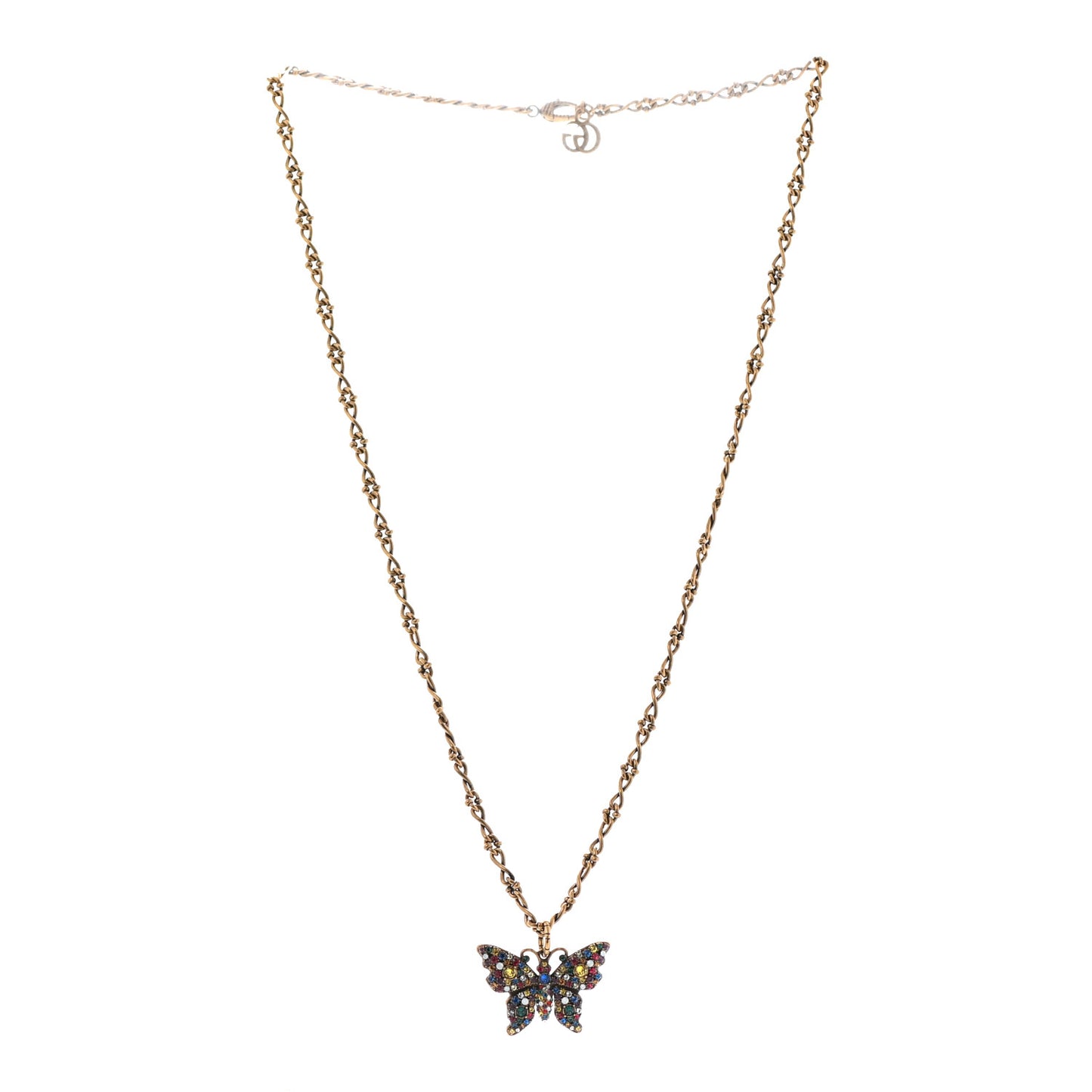 Metal Crystal Butterfly Necklace Aged Gold Multicolor