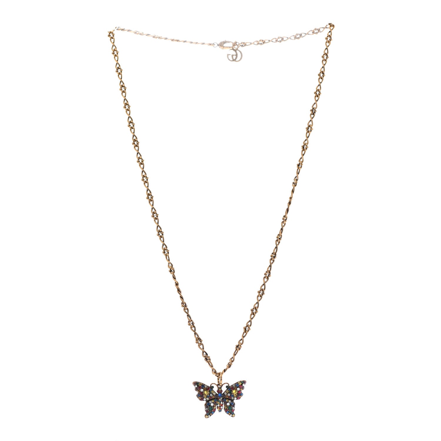 Gucci Metal Crystal Butterfly Necklace Aged Gold Multicolor 3 of 6