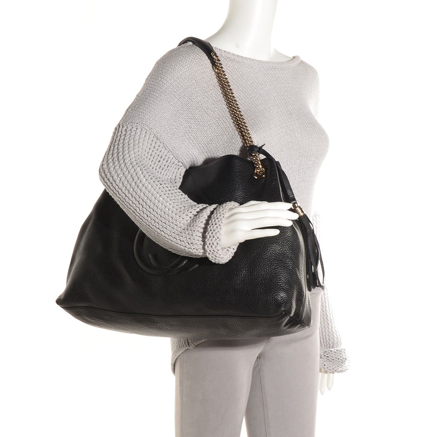 Pebbled Calfskin Large Soho Chain Shoulder Bag Black