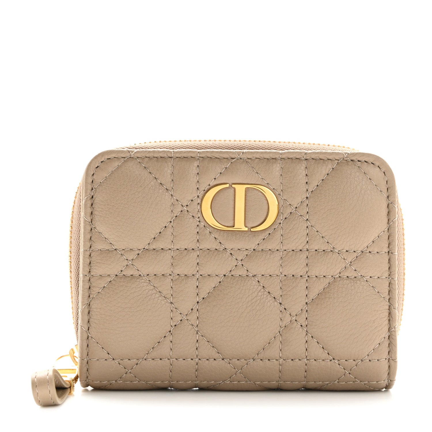 Christian Dior Grained Calfskin Supple Cannage Caro Scarlet Zipped Wallet Sand 1 of 10