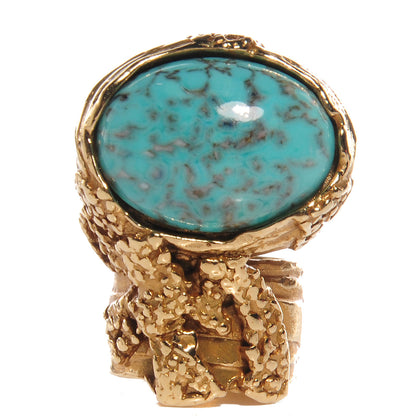 Saint Laurent Glass Cabochon Arty Ovale Ring 7 Gold Turquoise 1 of 4